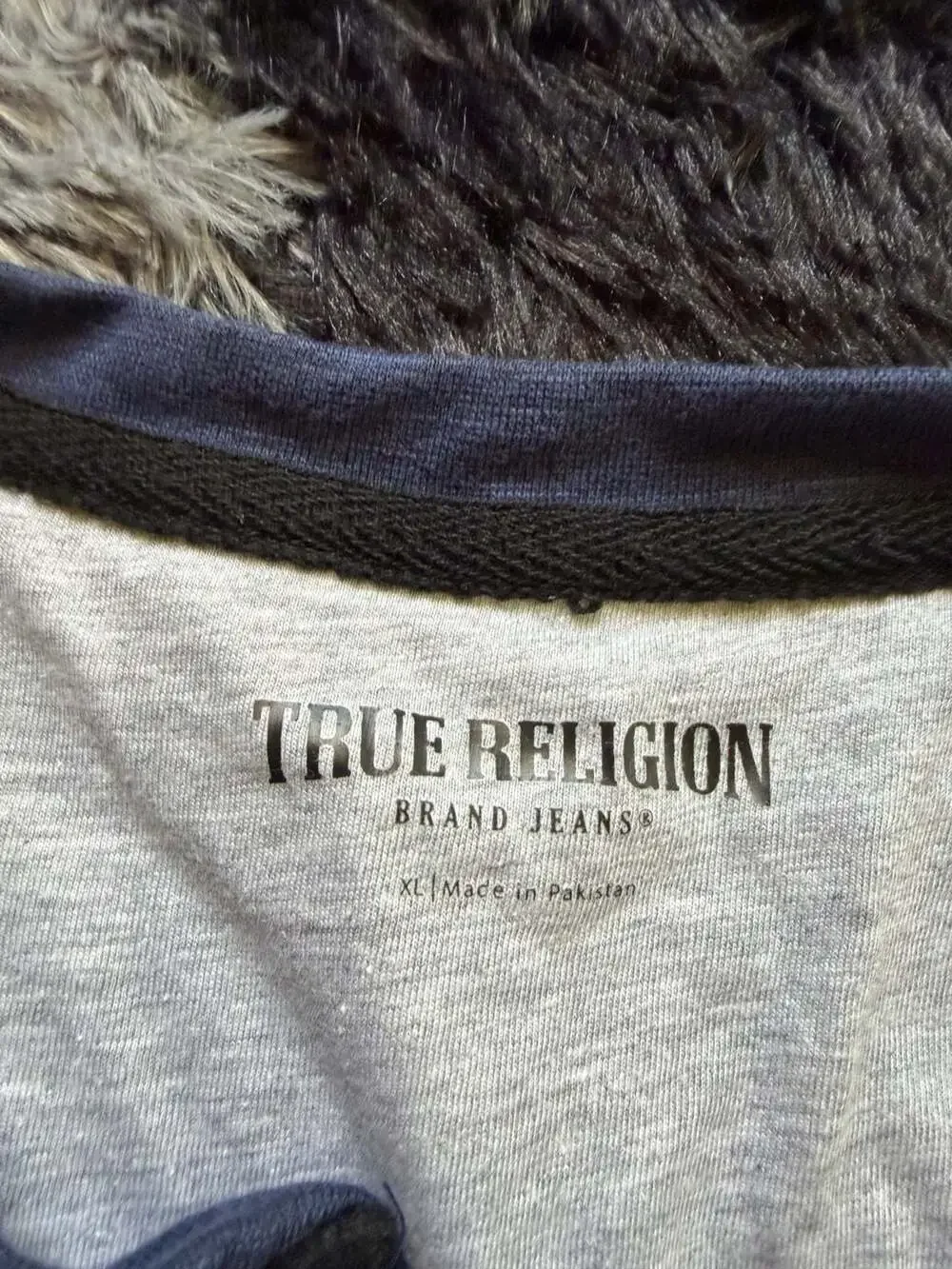 True Religion Men's Long Sleeve Henley Shirt in Navy Blue with Logo Embroidery